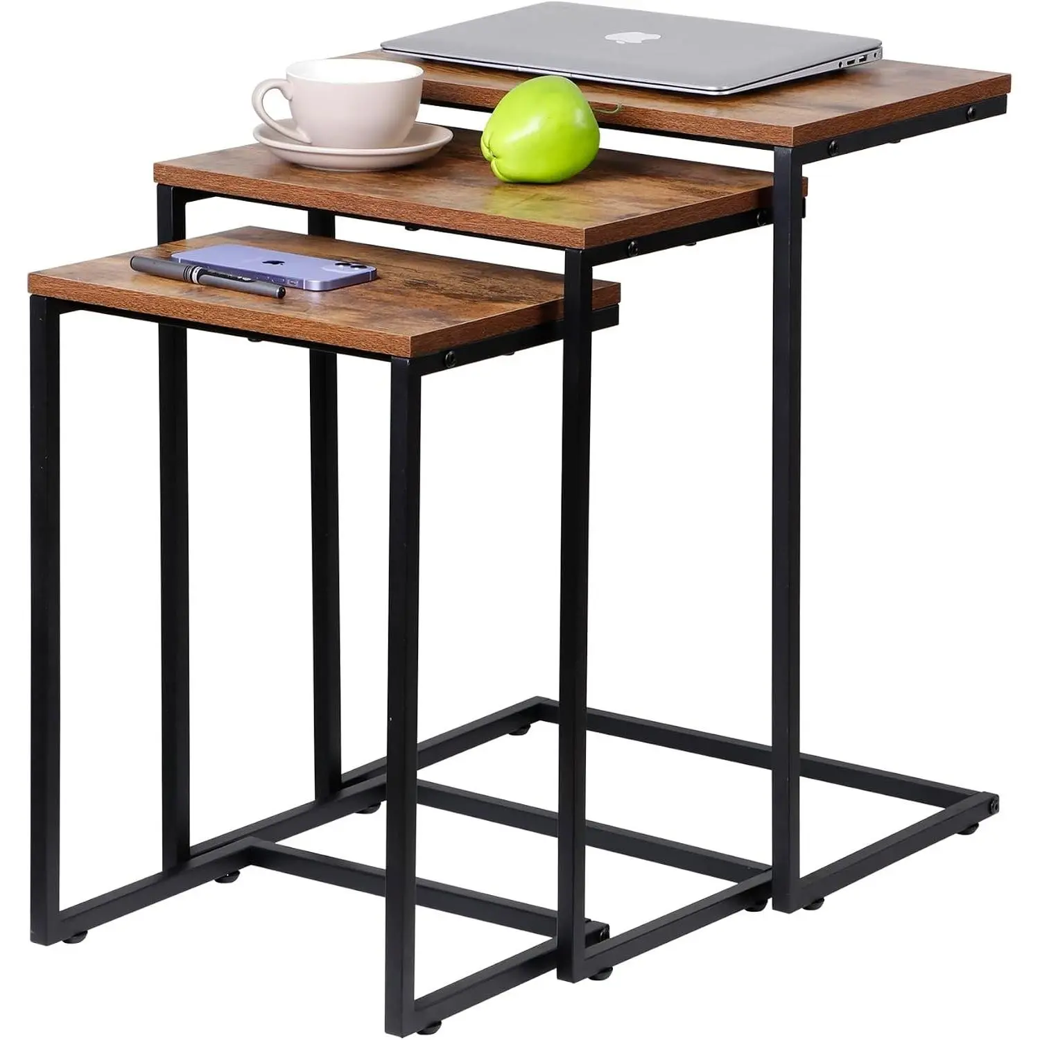 SUPER DEAL Nesting Tables Set of 3, Industrial C Shaped End Table Stackable Coffee Table Heavy Duty Metal Frame for Small Space, Living Room, Bedroom, Side Table Tray for Laptop Snack, Rustic Brown