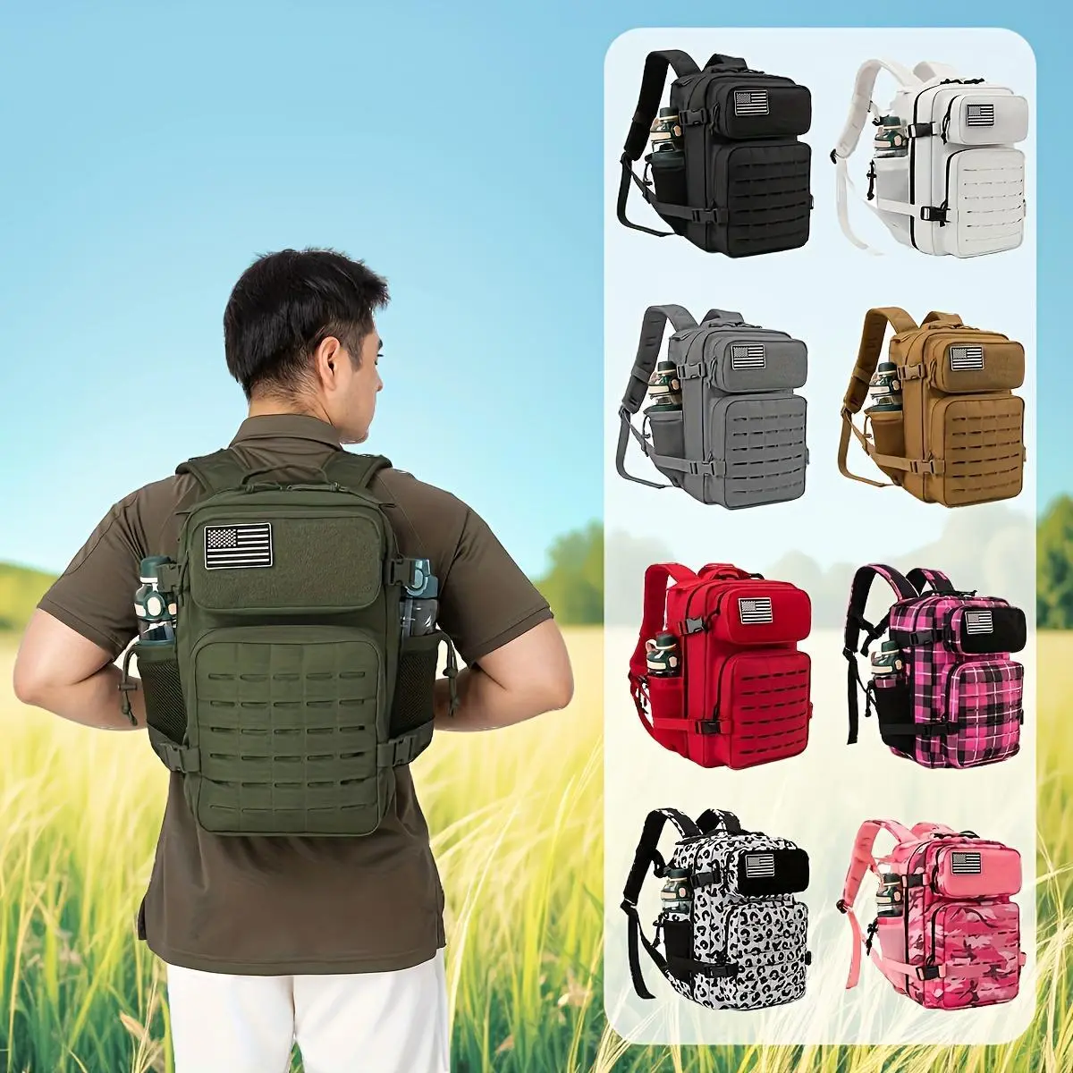 6.6gal Tactical Style Travel Backpack, Molle Daypack for Outdoor Hiking Camping Trekking, 180° Flat Open Weekend Bag with Laptop Compartment And Dual Cup Holders, Heavy Duty Gym Sports Pack #E44
