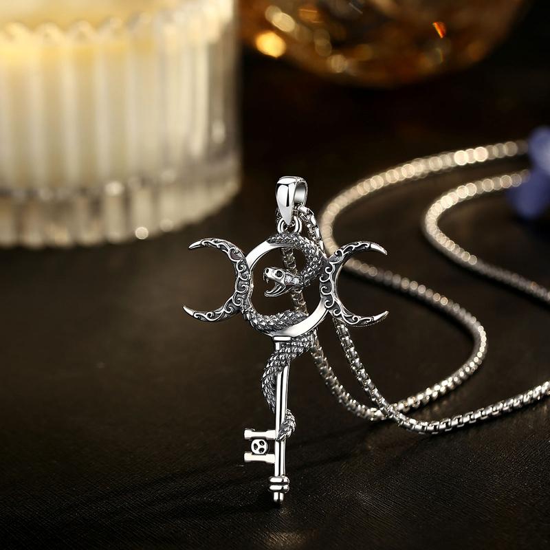 925 Sterling Silver Triple Moon Hecate Wheel Necklace, Vintage Snake-Shaped Moon Pendant, Unisex Witchcraft Jewelry, Personalized Gift
