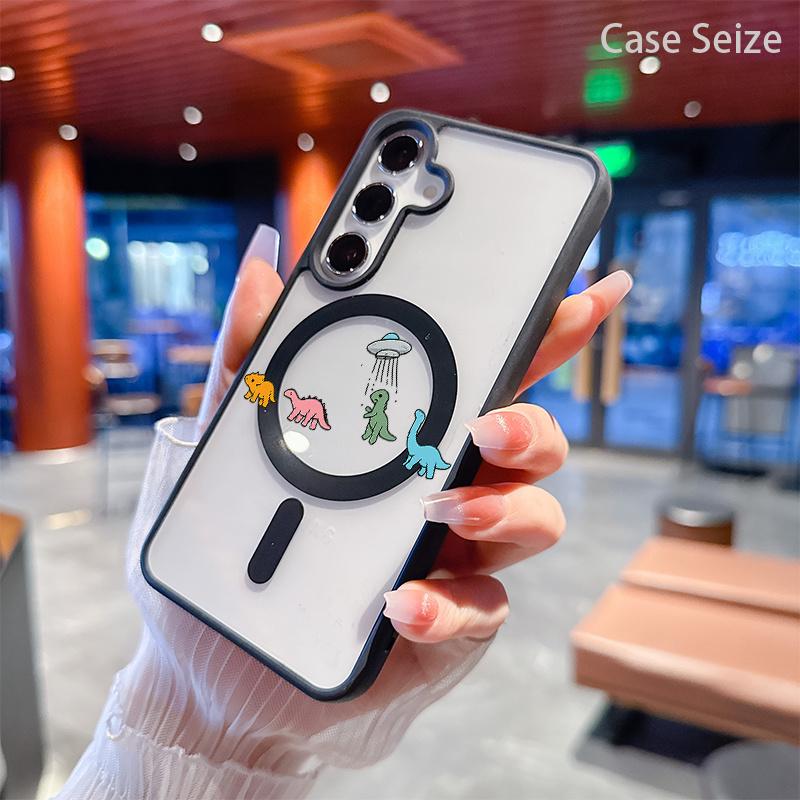 Magnetic Smartphone Case - Cute Dinosaurs & UFO Beam Funny Adventure Design, Black Border, Anti-Yellowing, Slim Lightweight Bare Feel, Luxury Premium Protection for Samsung Galaxy S22 S23Fe S24 S25 Plus Ultra Cellphone Handheld Devices