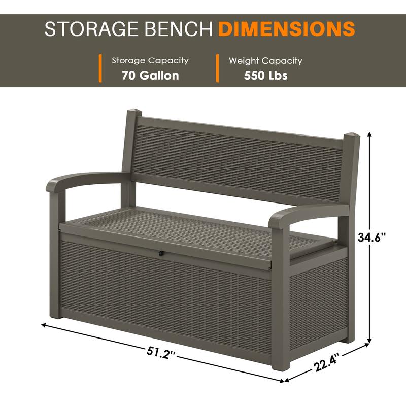 Outdoor Storage Bench, 70-Gallon Resin Deck Box with Seat, 500lb Weight Capacity, Multi-Functional Garden Bench for Patio, Poolside & Entryway, Black & Grey-Christmas Gifts.