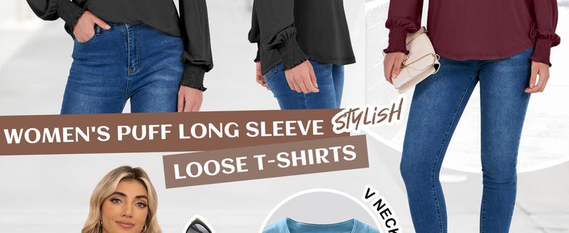 ANRABESS Women's Puff Long Sleeve Shirts V Neck Loose T-Shirts Dressy Casual Work Blouses 2025 Fall Tops Trendy Clothes Outfits Womenswear