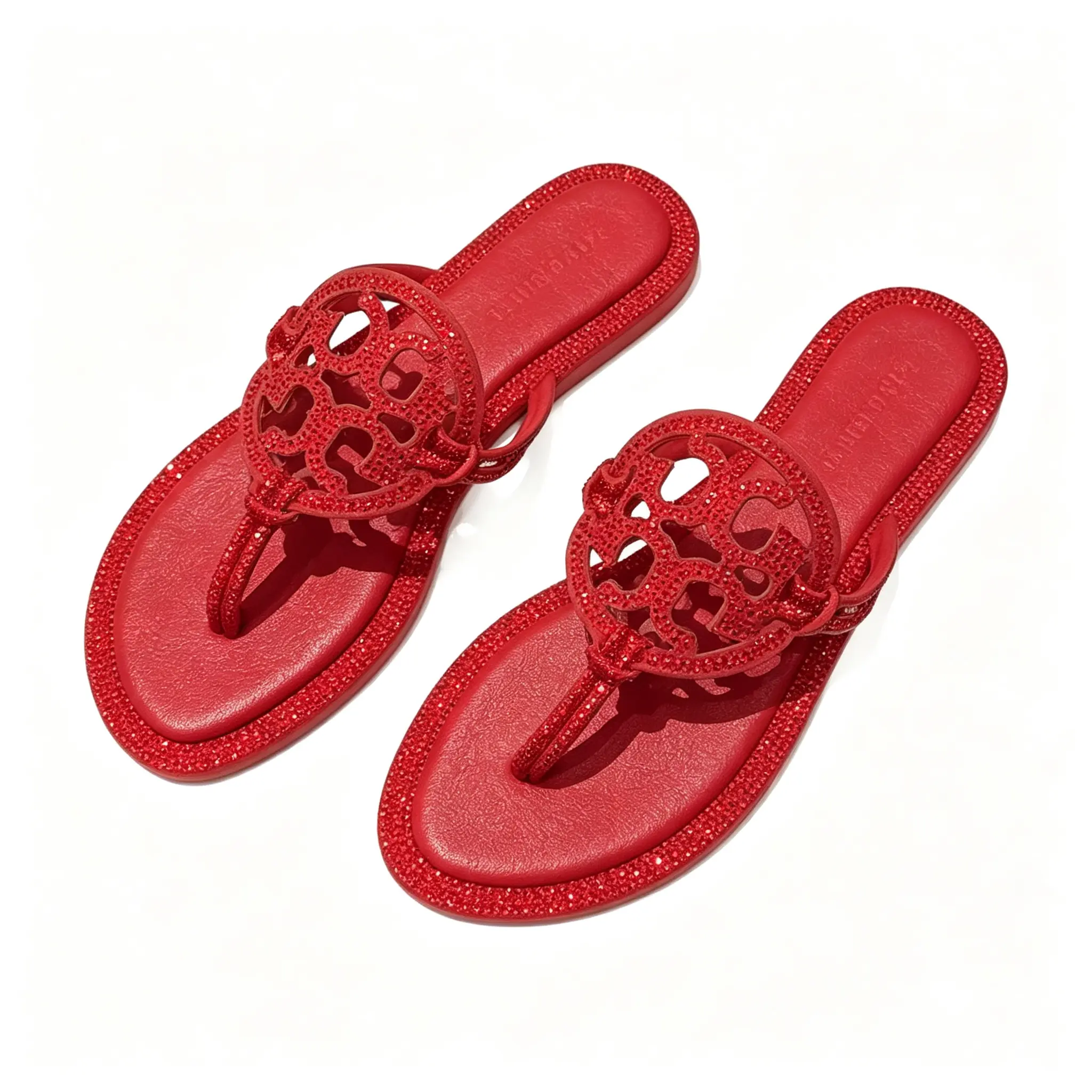 Women Bright Red Rhinestone Hollow Cutout Thong Sandals Sparkly Crystal Slip On Flip Flops Soft Cushioned Flat Summer Beach Casual Walking Slide Sandals For Ladies