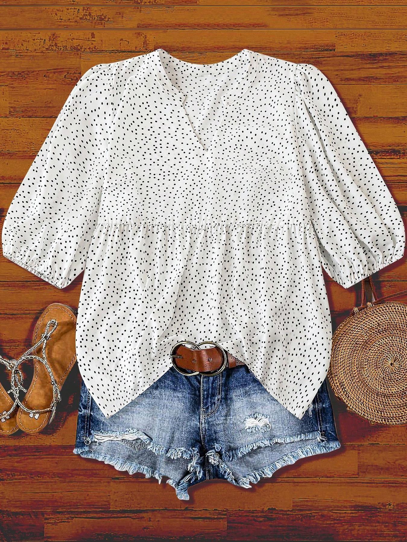 Korean Style Polka Dot Babydoll Top, V Neck + Puff Sleeve Design, Loose Fit Slimming Effect, Pair with Jeans for Summer Fashion