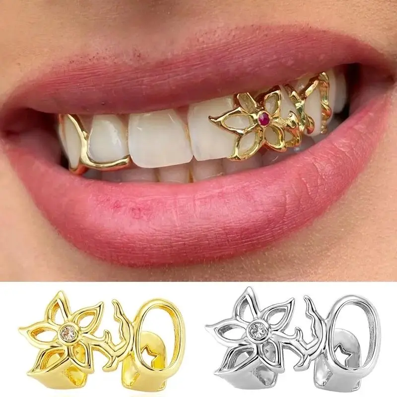 Glossy Double Hollow Flower Tooth Grillz Gold/Silver Color Women's Daily Wearable Tooth Jewelry Dental Grills