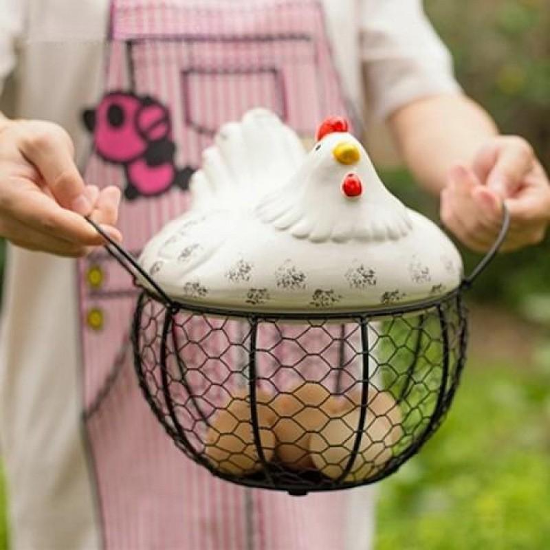 Farmhouse Style Ceramic Chicken Egg Basket with Metal Wire and Lid, Decorative Multi-Functional Kitchen Storage Box for Eggs Fruits Vegetables