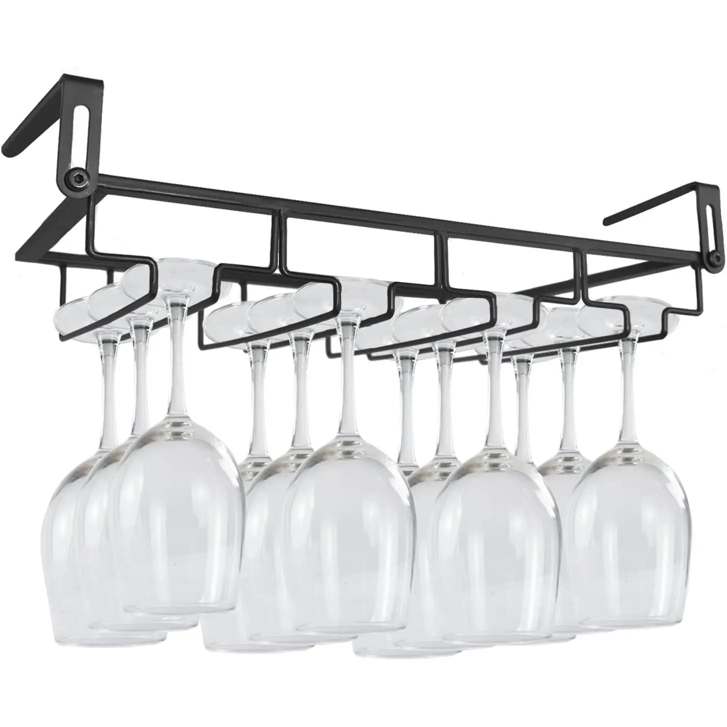 Adjustable Under Cabinet Stemware Holder - Metal Wine Glass Hanger Organizer for Kitchen, Bar, Shelf - Rustproof Hanging Storage Rack for 6-8 Glasses - Space Saving Decor (Black, 4 Rows)