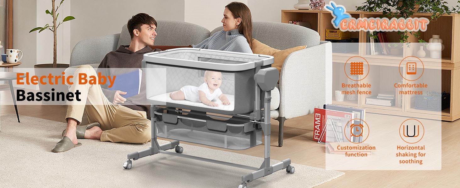 Rocking Bassinet for Baby, Electric Baby Bassinet Automatic 5 Rocking Motion Bassinet Bedside Sleeper for Newborn,  Auto Rolling Baby Cradle 6 Height Adjustable with 4 Lullabies