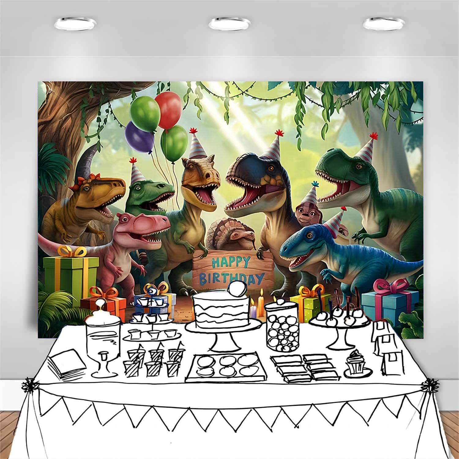 Dinosaur birthday party background banner with cartoon dinosaurs, balloons, and gifts, decorated with polyester material background cloth, suitable for photo booths, parties, birthdays, celebrations, and indoor and outdoor home birthday party decoration