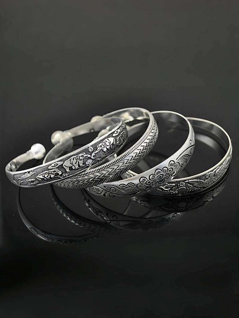 Vintage Chinese Style Cuff Bangle Bracelet, Boho Style Adjustable Engraving Bracelet for Women & Men, Fashion Accessories for Daily Wear, Bangles Bracelets