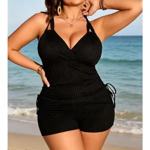 Retro Black Ribbed Plus Size Tankini Set - Surplice Wrap Halter Top with Drawstring Swim Shorts, Textured Rib Fabric and Adjustable Side Ties, Stylish and Curvy-Friendly Swimwear for Resort Wear, Cruise Trips and Poolside Relaxation Summer Vibes