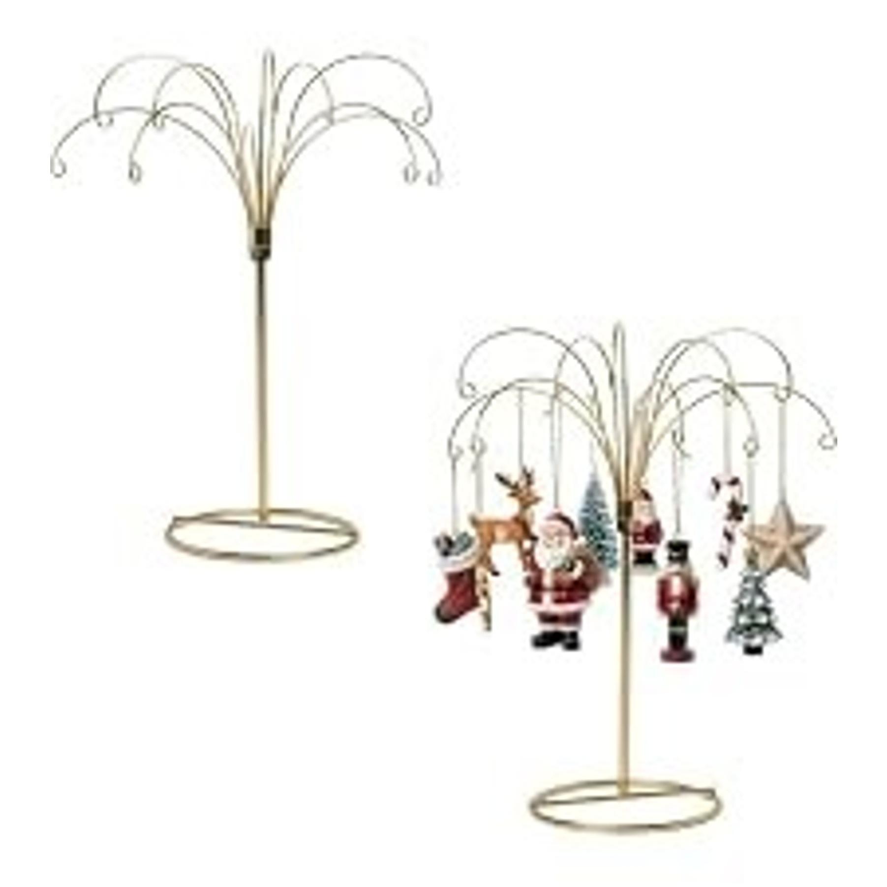 20" Gold Ornament Display Stand Metal Hanging Tree Holder | Displays crystal ornaments, glass baubles, keepsakes and seasonal décor with a sturdy tabletop hanging stand.