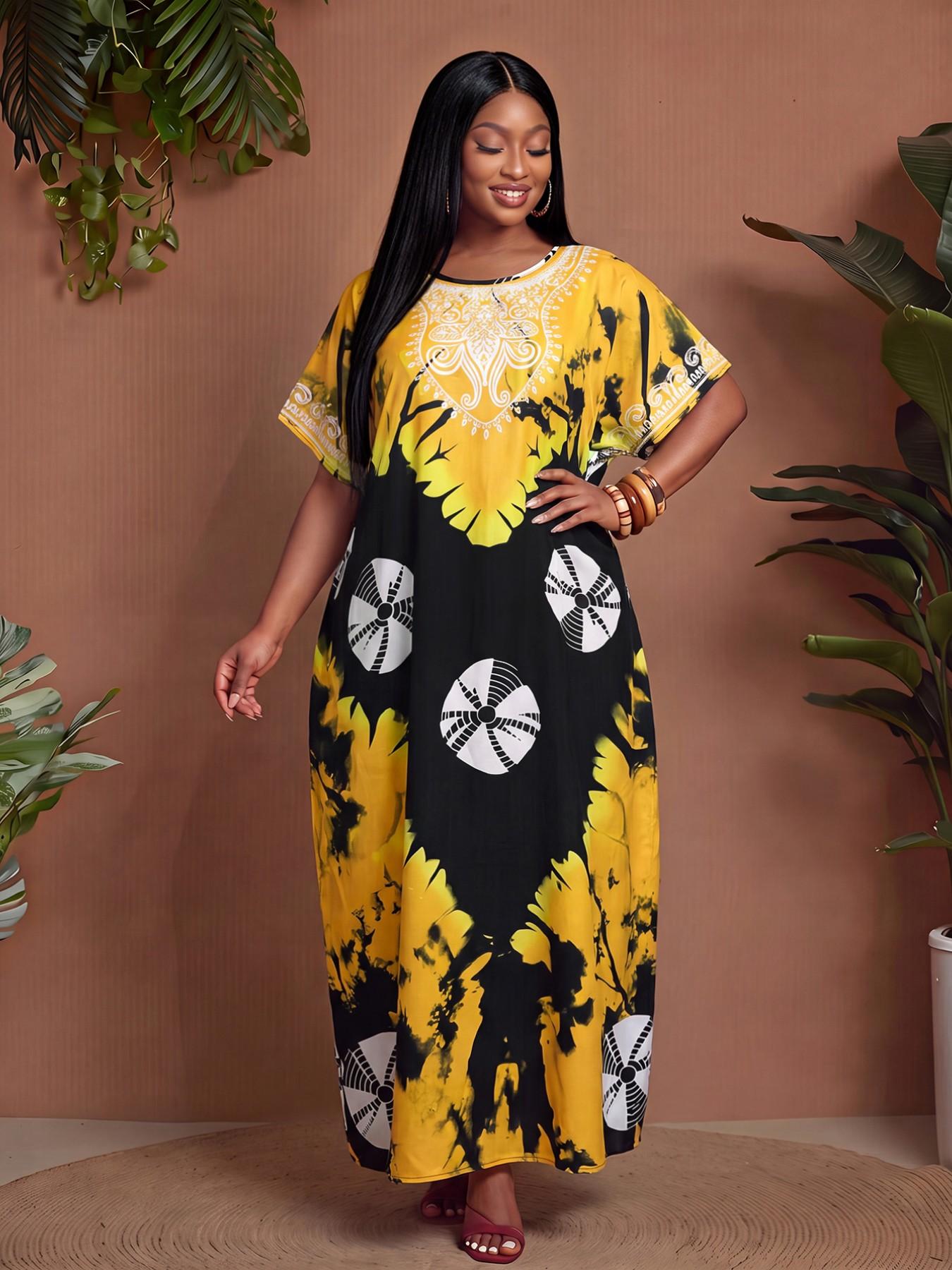 African Totem Print Long Dress, Bohemian Print Dress, Boho Style Loose Fit Short Sleeve Maxi Dress, Plus Size Home Beach Summer Vacation Dress, Vintage Exotic Wind, Casual