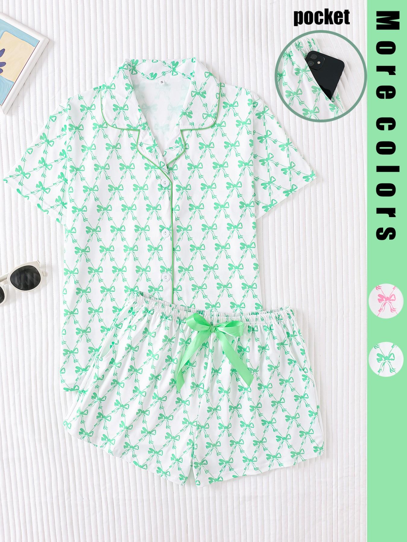 Women's Two-Piece Sleepwear Set, Bow Full-Print Design, Soft & Smooth Fabric, Casual Fitted Style, All Season Comfortable Wear