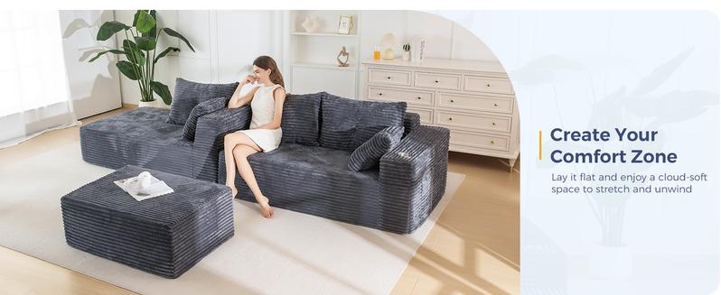【2 Packages Shipping】MAXYOYO 104" Plush Corduroy Cloud Velvet Modular Boneless Couch with Chaise & Ottoman, No Assembly Required - U-Shaped Sectional Sofa Set with Flexible Configuration,  Oversized Sofa Sleeper with Deep Seat
