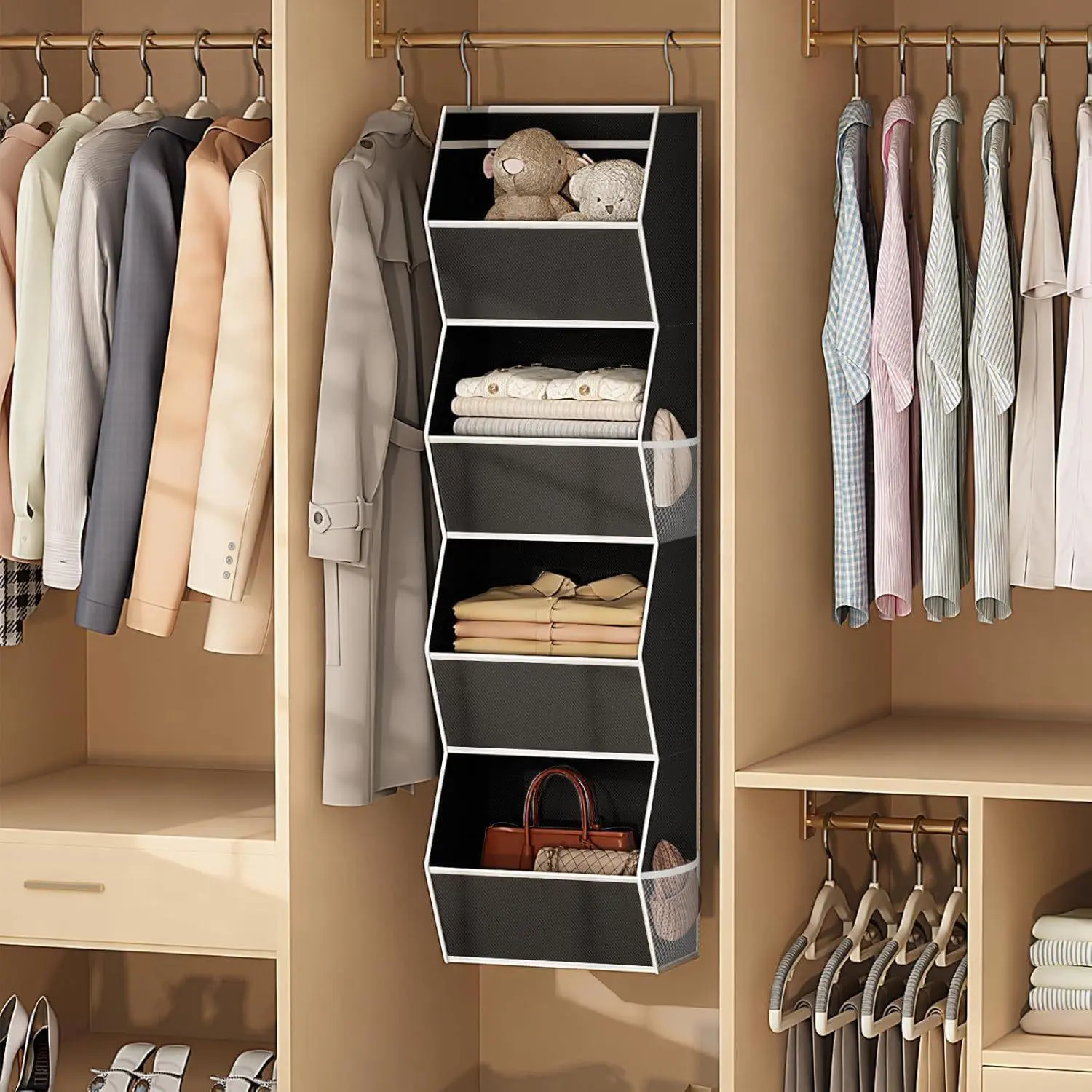 Storage bag - Hanging-style wardrobe organizer with 4 layers, a clothing hanger rack, equipped with a foldable storage basket, a space-saving bedroom storage system