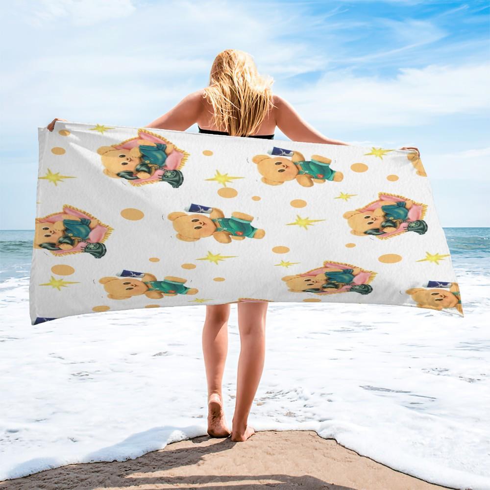 Cute Cartoon Bear Print Beach Towel, Japanese Style Kawaii Teddy Bear with Polka Dots Stars Hearts Pattern, Soft Microfiber Oversized Quick Dry Sand Free Absorbent Towel for Beach, Pool, Swimming, Travel, Camping and Yoga, Japanese Cute Aesthetic Beach Ac