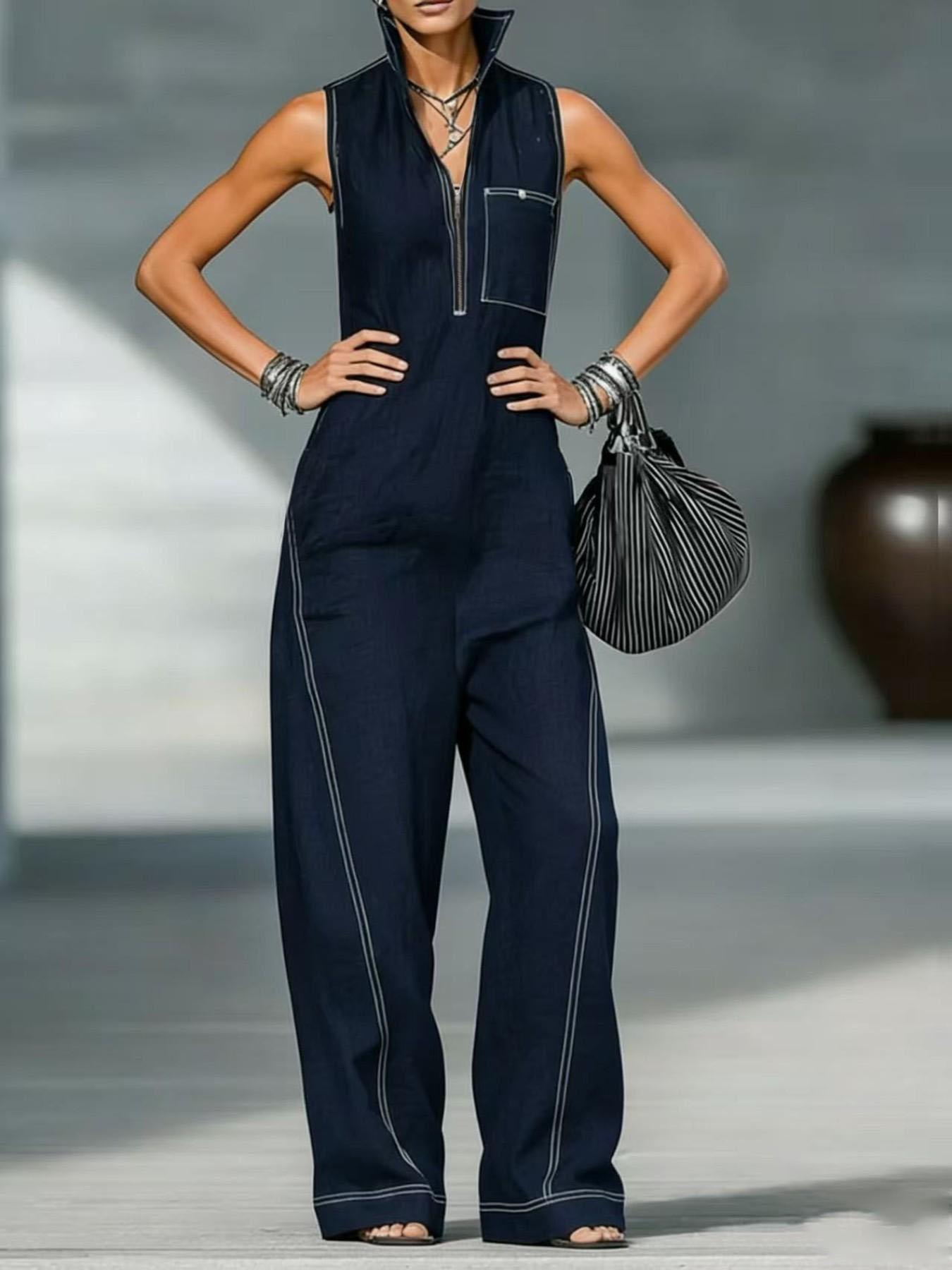 Women's Stand Collar Sleeveless Zipper Casual Loose Bodysuit, Comfortable and Stylish One-Piece for Daily Wear