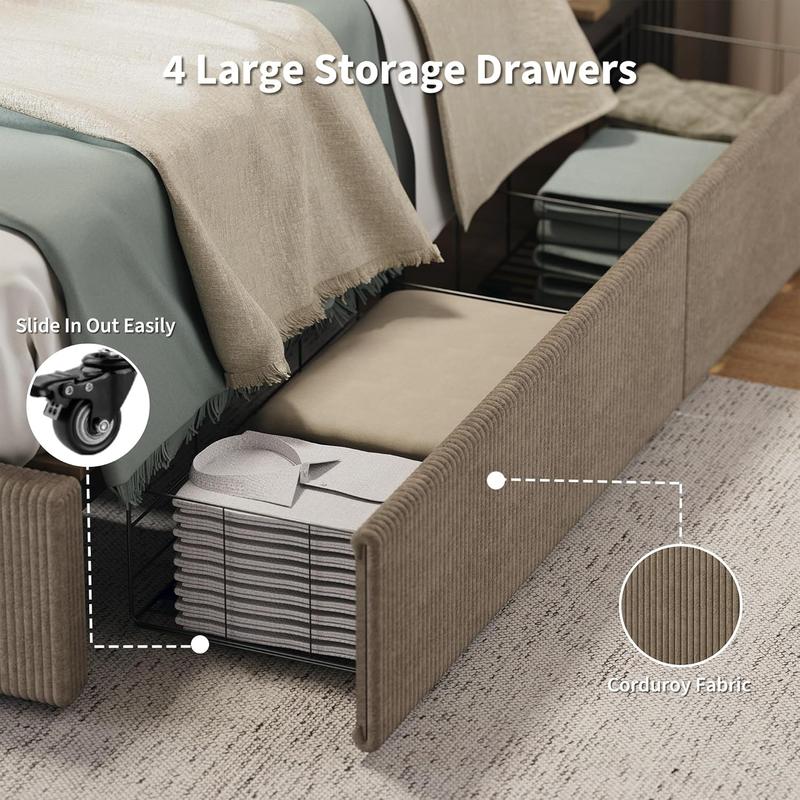 Corduroy Bed Frame with Headboard, Platform Upholstered Full Size Bed Frame with 4 Storage Drawers and Wooden Slats Support, No Box Spring Needed