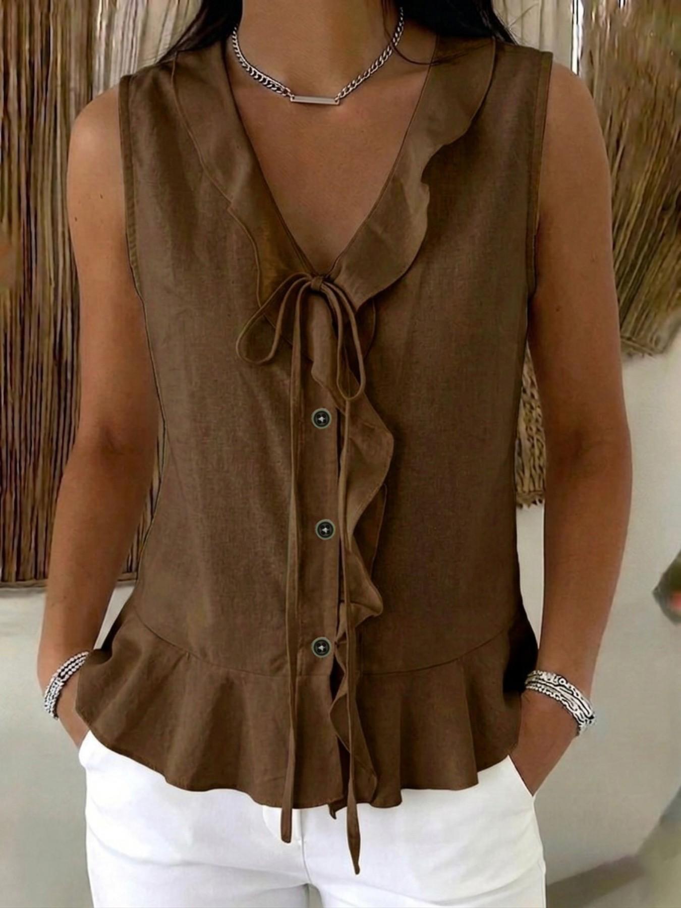 Women's V-Neck Ruffle Tie Sleeveless Top Aesthetic Casual Comfortable Daily Wear, 8 Colors Available