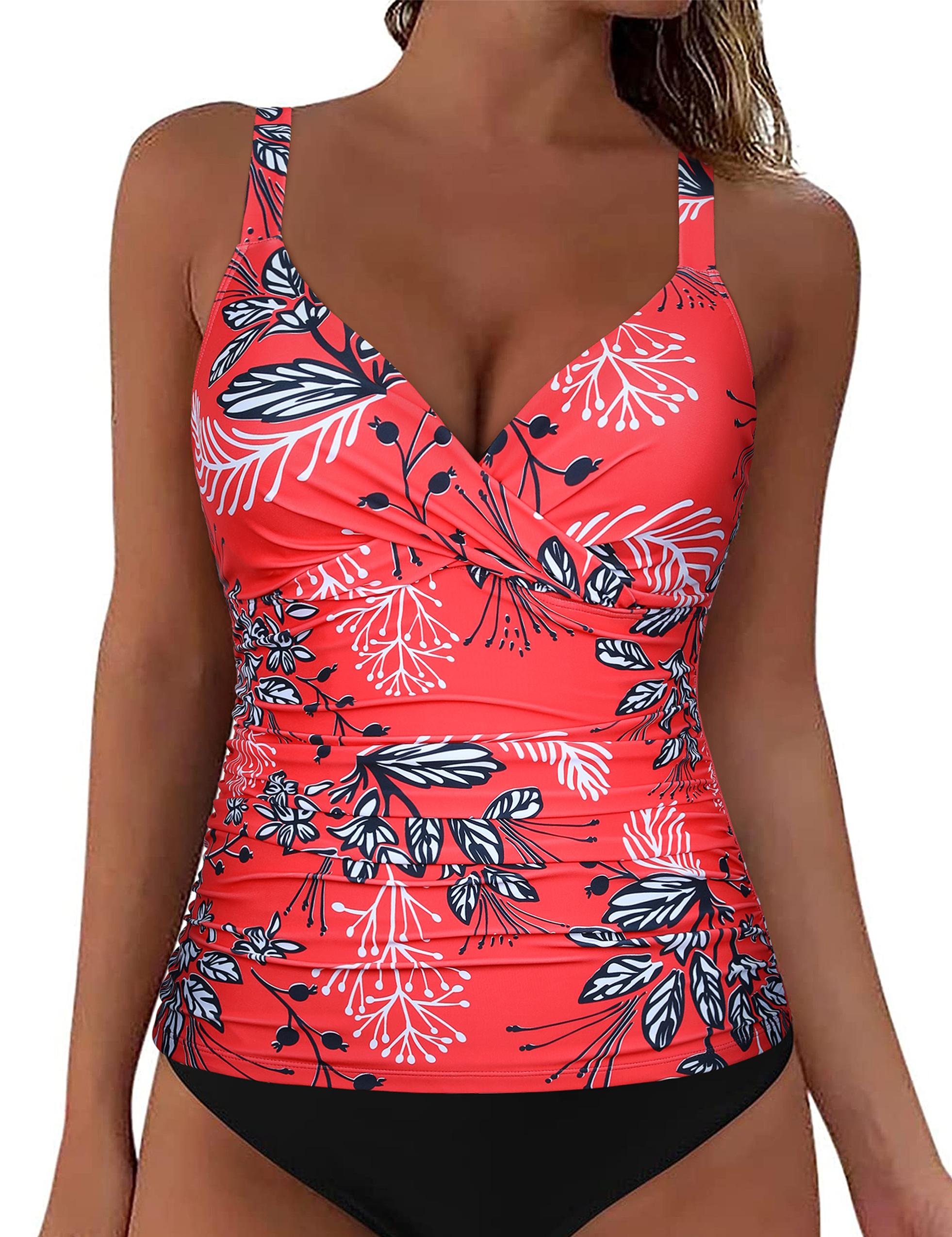 Hilor Women's Underwire Tankini Top Ruched Tummy Control Bathing Suit Tops Push Up Top Swimsuit Front Twist Swim Top Only