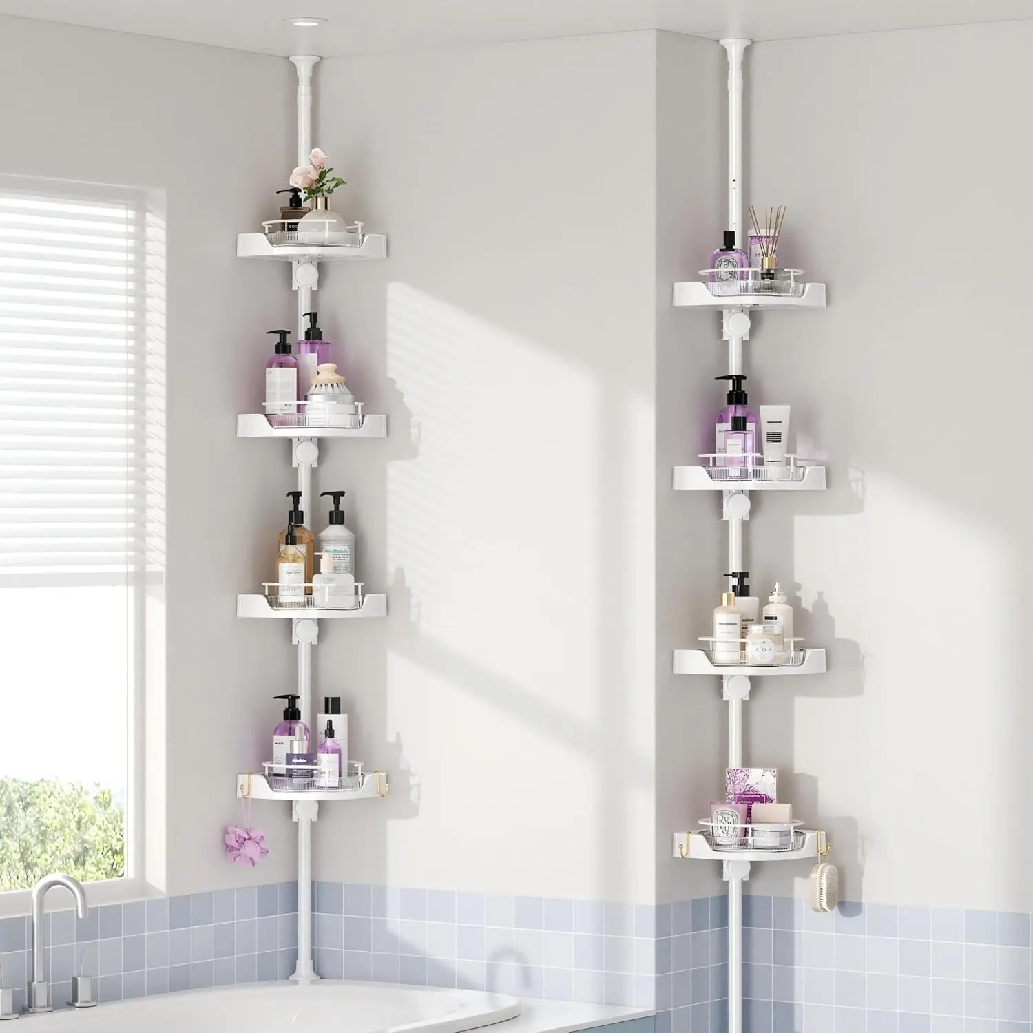 360° Rotating Shower Caddy Tension Pole, 4 Tiers Corner Shower Organizer for Bathroom Shelf Bathtub, Adjustable Standing Shower Rack, Easily Assemble, 34-124 Inch Height, White