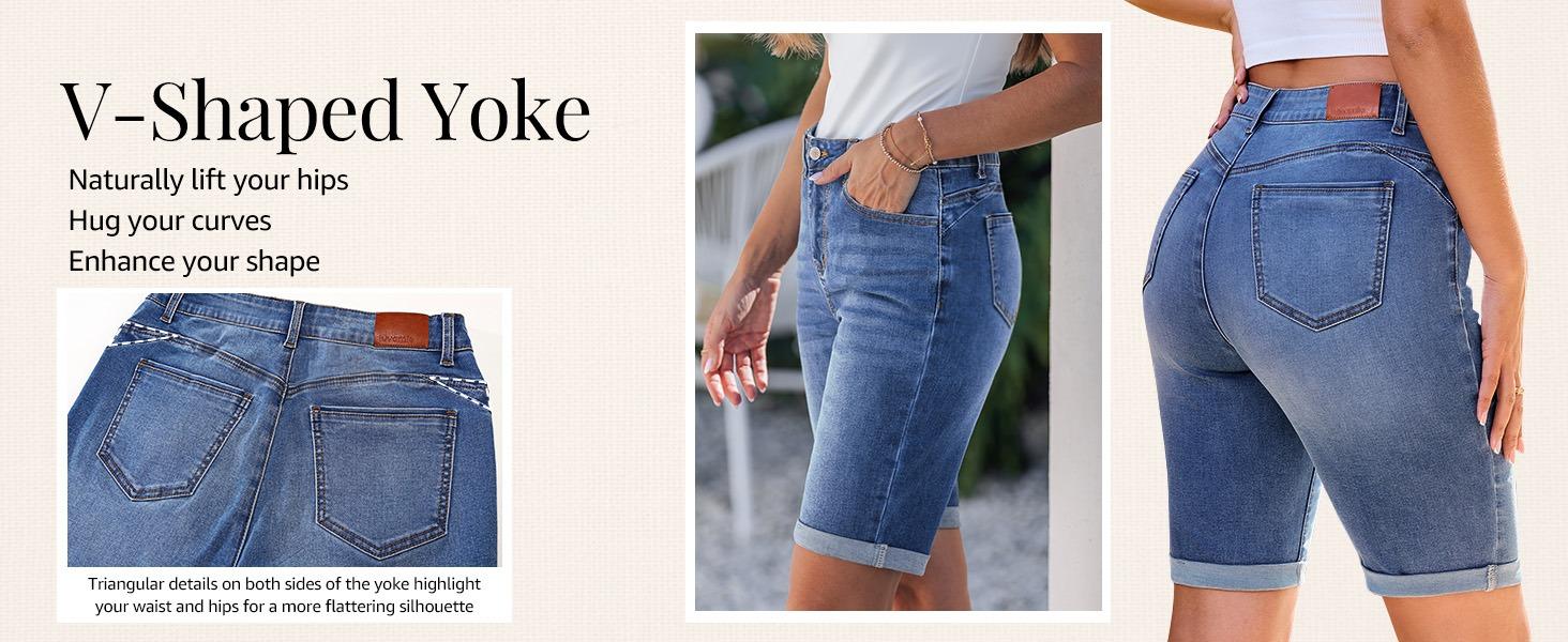 luvamia Bermuda Jean Shorts for Women Knee Length High Waisted Trendy Cuffed Hem Long Stretchy Denim Shorts Summer Jorts luvamia Bermuda Jean Shorts for Women Knee Length High Waisted Trendy Cuffed Hem Long Stretchy Denim Shorts Summer Jorts