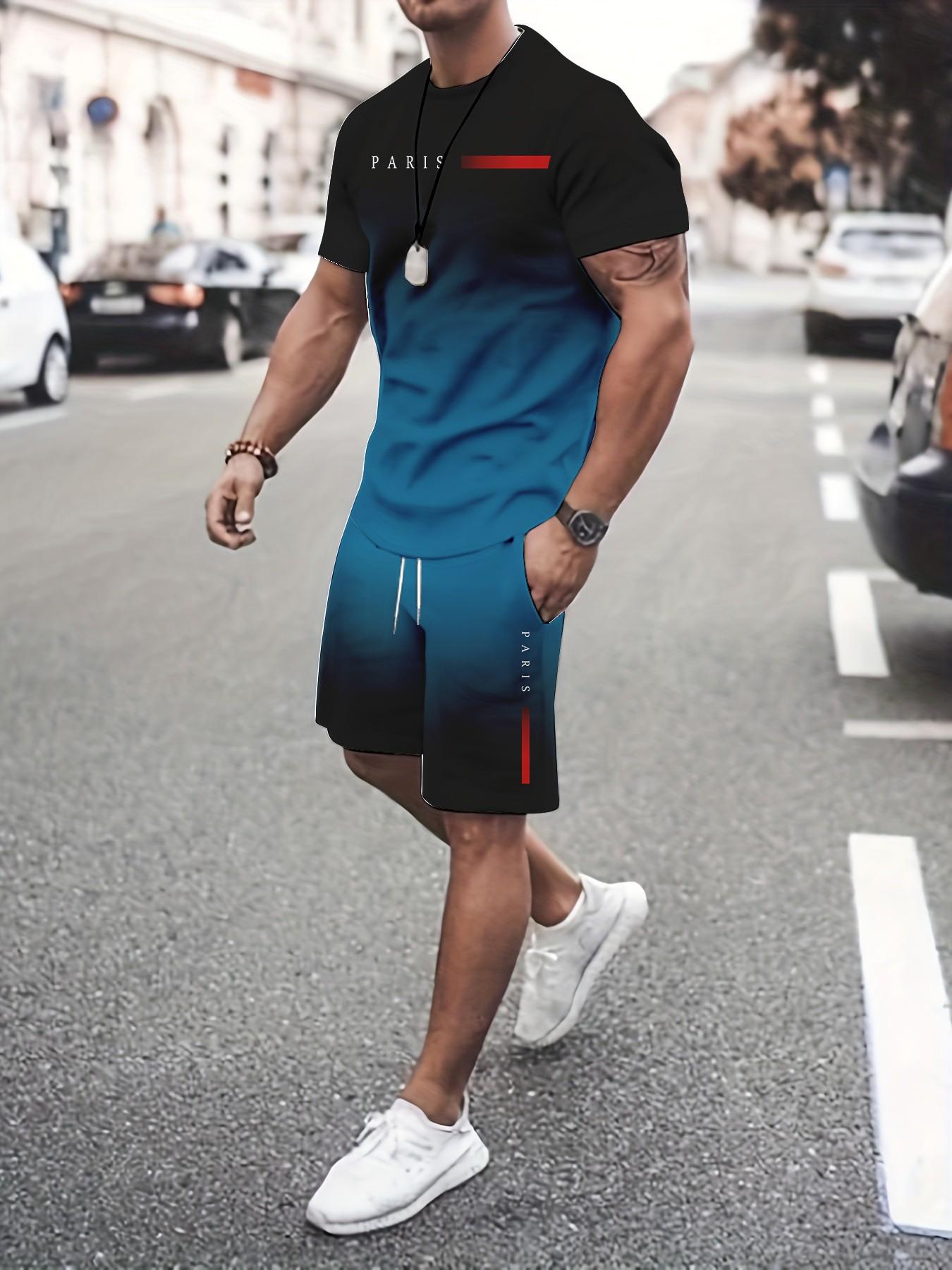 Men's Gradient Fitness Short Sleeve Set, Summer Trendy Sportswear Casual Two-Piece, Fitted Tee and Shorts, Regular Length
