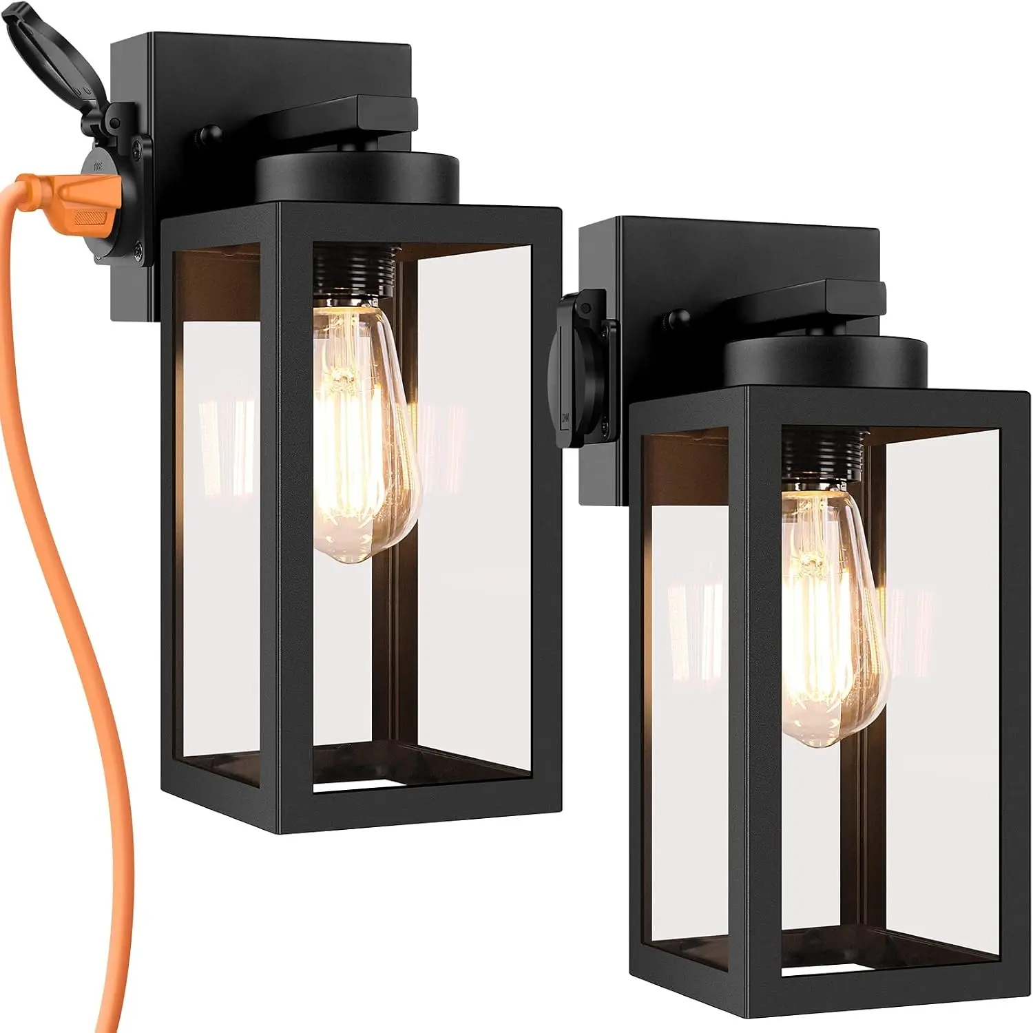 2-Pack Porch Lights Outdoor Wall Lantern, Black Outdoor Wall Light with Outlet, Waterproof Anti-Rust Exterior Light Fixture for House Garage Hallway