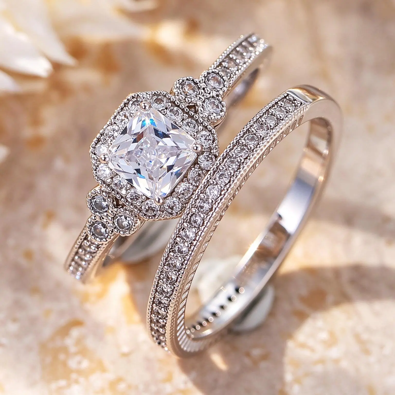 Female 2-Piece Halo Wedding Ring Set - Elegant Engagement Piece & Eternity Band, Fashion Casual Plain Bridal Statement Costume Jewelry Rings, Metal Coating, Sizes 6-10