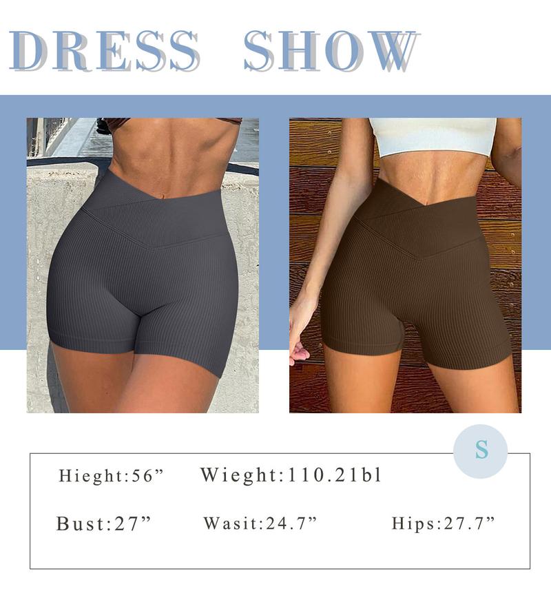 OYV Women's High Waisted Crossover Yoga Shorts Seamless Ribbed Knit Snug Fit Exercise Shorts for Athletic Wear