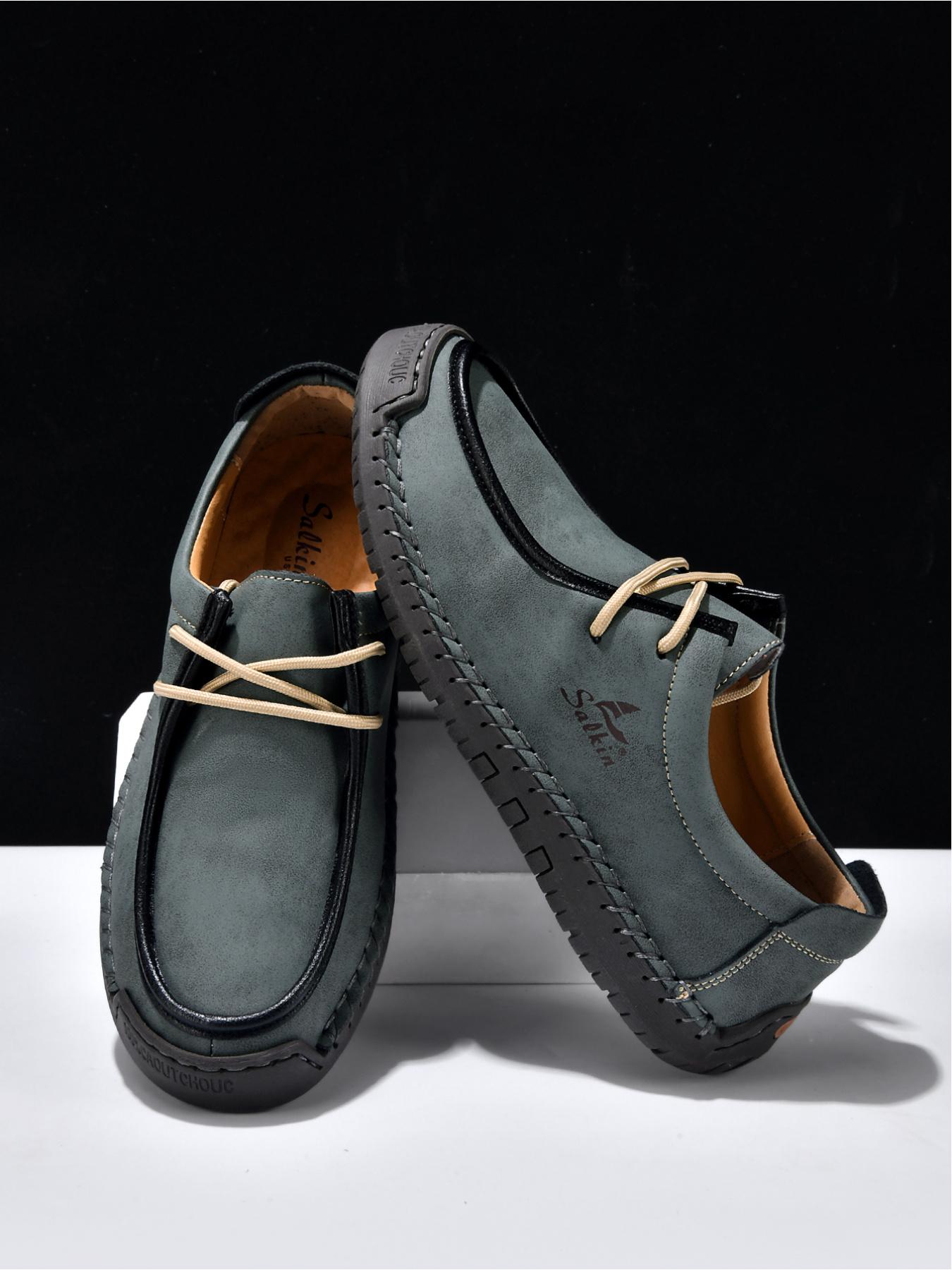 Men's Black Hand-Stitched Casual Shoes, Soft Sole Non-Slip Slip-On Driving Shoes, Dad Shoes