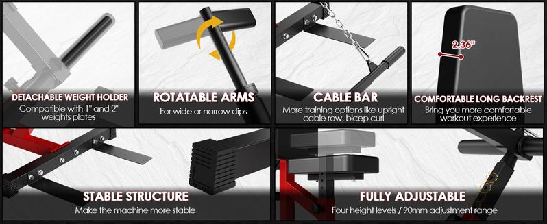 Seated Dip Machine with Cable Bar for Biceps Chest Training, Load Capacity Up to 400LBS, Durable Fitness Equipment Weight Plates Heavy Duty Adjustable