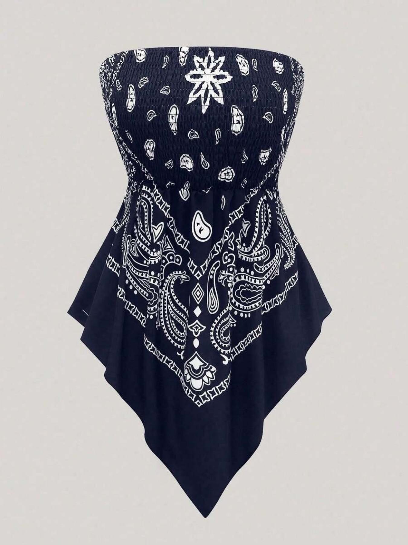 Plus Size Women's Ethnic Print Strapless Top, Bohemian Style Asymmetrical Hem Tube Top, Casual Summer Fashion Top Fit Plus Size Women's Ethnic Print Strapless Top, Bohemian Style Asymmetrical Hem Tube Top, Casual Summer Fashion Top Fit