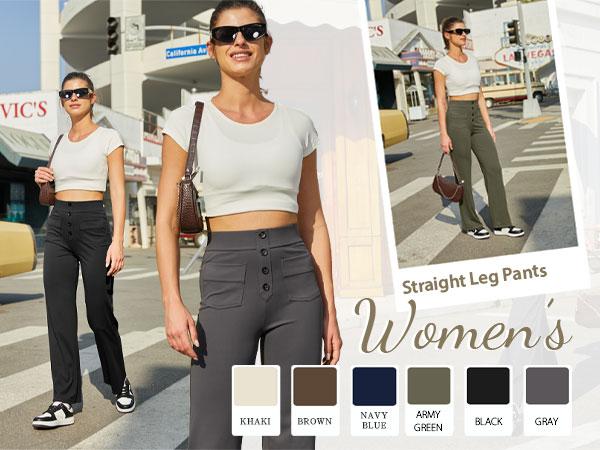 JEKAOYI Women's Straight Leg Pants High Waisted Button Stretchy Business Work Casual Trousers Multiple Pockets