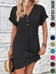 Women's Plain Button V Neck Tee Dress, Casual Short Sleeve Batwing Sleeve Short Dress for Summer, Fashion Women's Dress