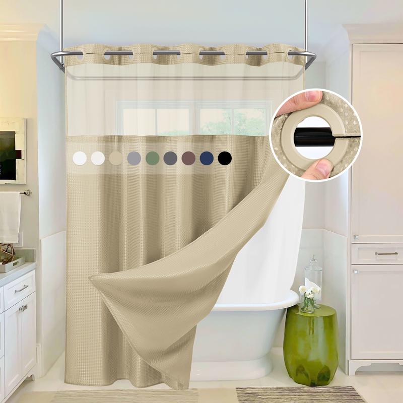 FANI Sage Green Waffle No Hook Shower Curtain with Snap in Liner Waterproof & Washable 72"W x 74"H,72''W x 84''H See Through Top Window Replacement for Bathroom