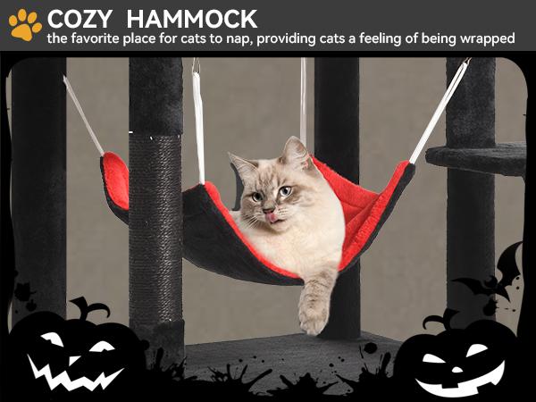 DWVO Gothic Cat Tree with Coffin Bed, 63"/38.6"  Tall Cat Tower for Indoor Cats with Top Perch, Spacious Cat Condos, Spider Hanging Balls,Comfy Hammock, Scratching Post and Ladder, Black Halloween