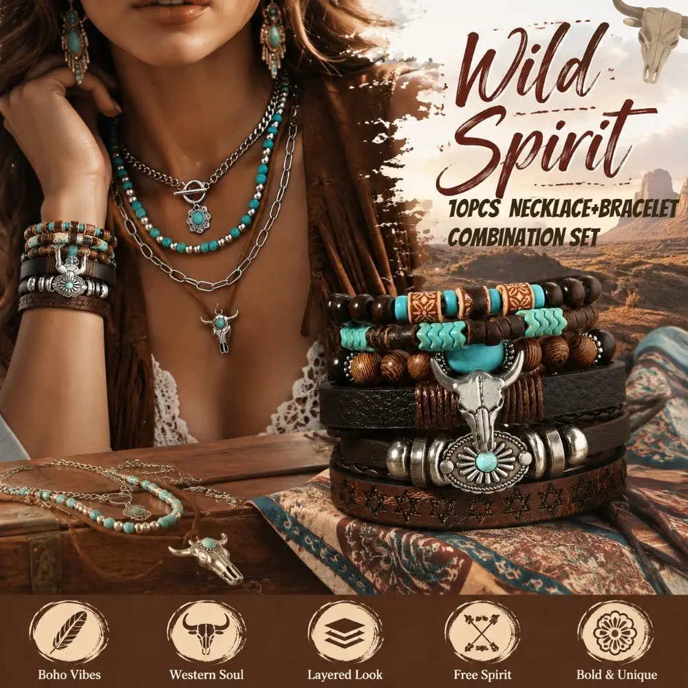10pcs Western Cowboy Boho Jewelry Set for Men Women, Layered Bracelet And Choker Necklace Collection Featuring Bull Head, Floral And Rustic Inspired Designs, Vintage Country Style Fashion Additions for Festivals, Concerts, Travel