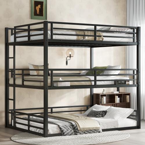 [Bellemave]Bunk Bed, Metal Triple Bunk Bed with Safety Guardrails, Heavy-duty Bunk Bed with Noise-reduced Design