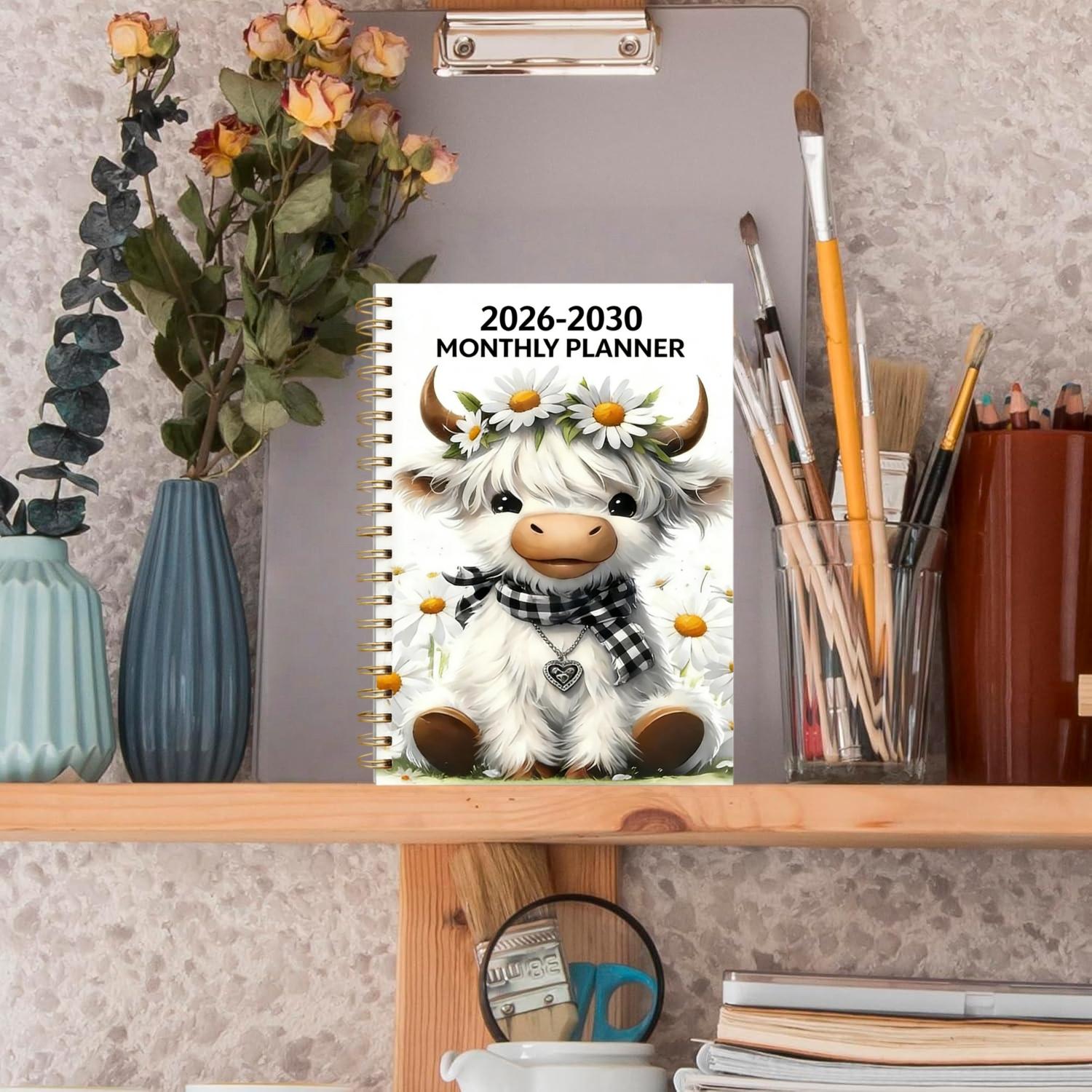 2026-2030 Monthly Planner/Calendar - January 2026 to December 2030, 5-Year Monthly Planner, White Cartoon Highland Cow Cover Design Notebook, Yearly Calendar Planning, Monthly Tabs, 60-Month Calendar, 5.5 x 8.3 inches, Thick Paper, Elastic Cover, Durable
