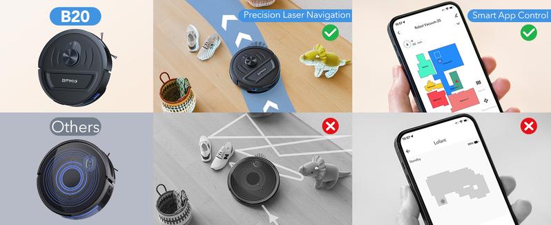 BPMIO B20 2-in-1 Robot Vacuum & Mop Combo 5500Pa Suction LiDAR Navigation 120-Min Runtime Alexa WiFi App Compatible for Pet Hair Hard Floors