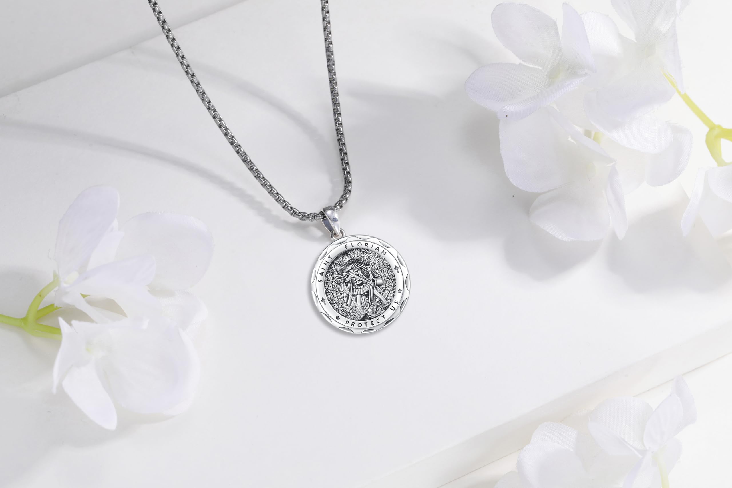 Thanches Saint Florian Necklace 925 Sterling Silver Medal Cross Religious Pendant Amulet for Men Women Accessory Firefighter Protection Jewelry Gift