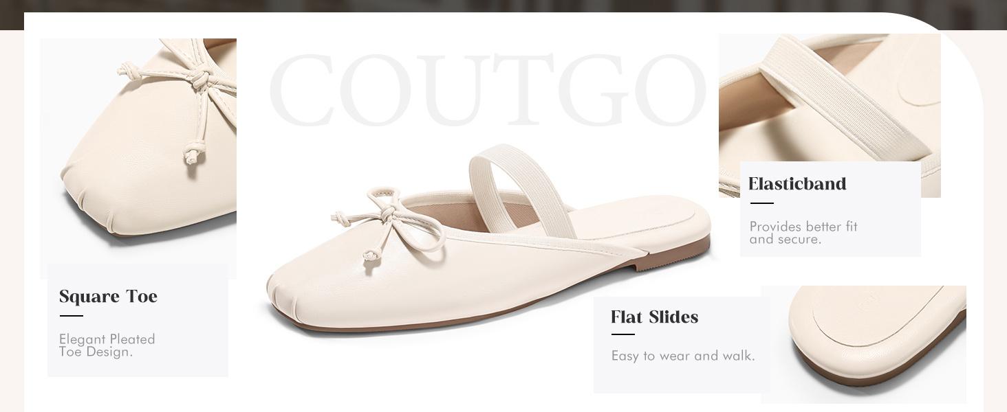 Coutgo Women's Faux Leather Lightweight Ballet Flats - Square Toe Bow Mules, Slip-On Slides for Business Office Wear, Womens, Footwear, Rubber, Fabric, Ankle, Basic, Plain, Shoes, Pull-On, Casual,back to school,back to school haul