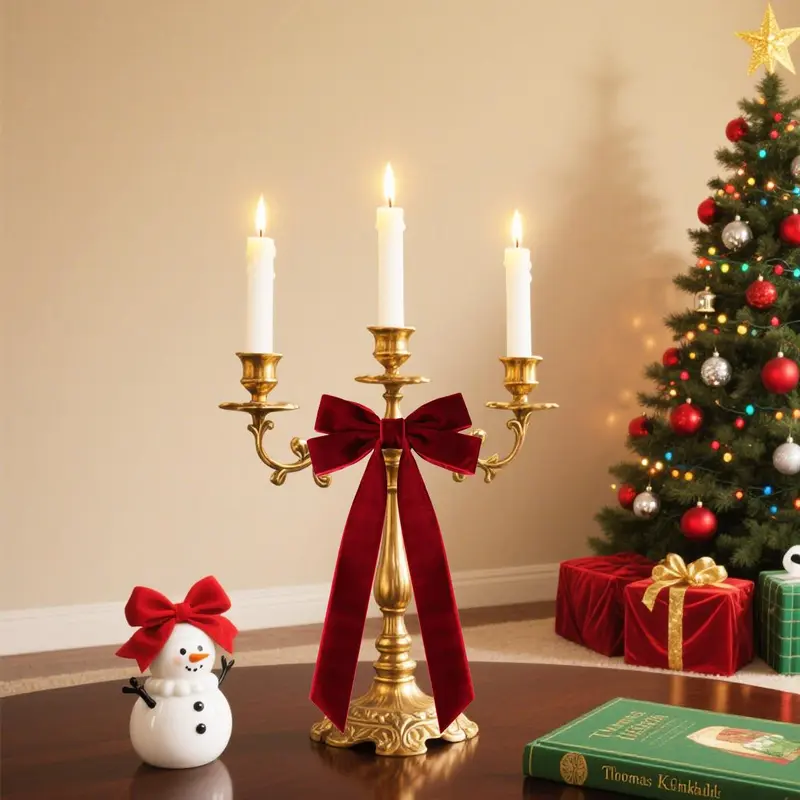 Velvet bow decorating a festive candleholder