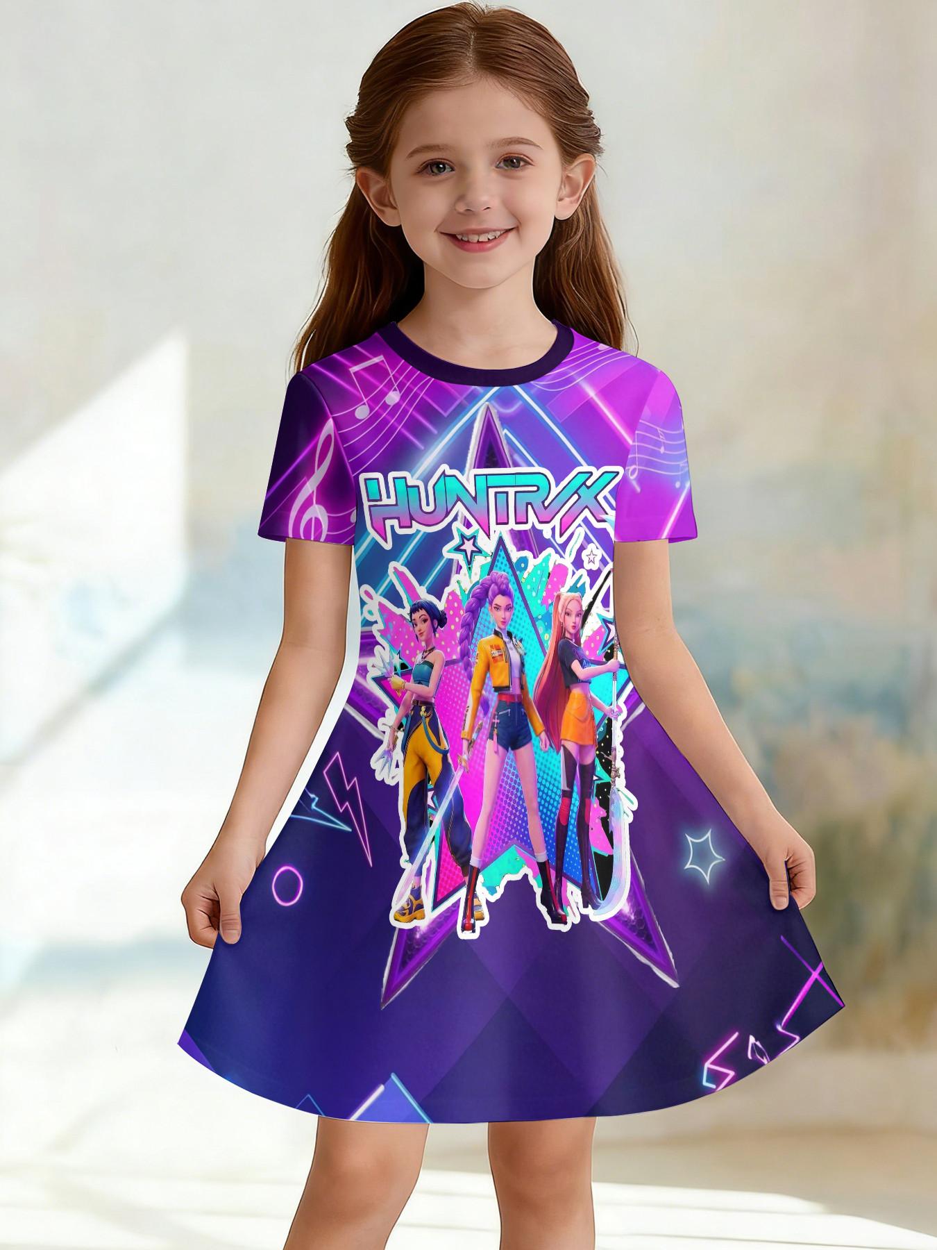 Girls' 3D Short Sleeve Dress, K-Pop Demon Hunters Neon Stage Print, Summer Party Wear, Perfect for Gifts and Birthdays