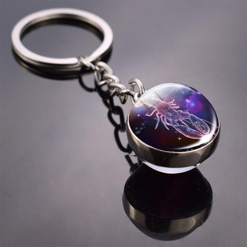 New Fashion Double Side Glass Ball Pendant Keychain 12 Zodiac Signs Keyring for Boyfriend Girlfriend Birthday Gifts