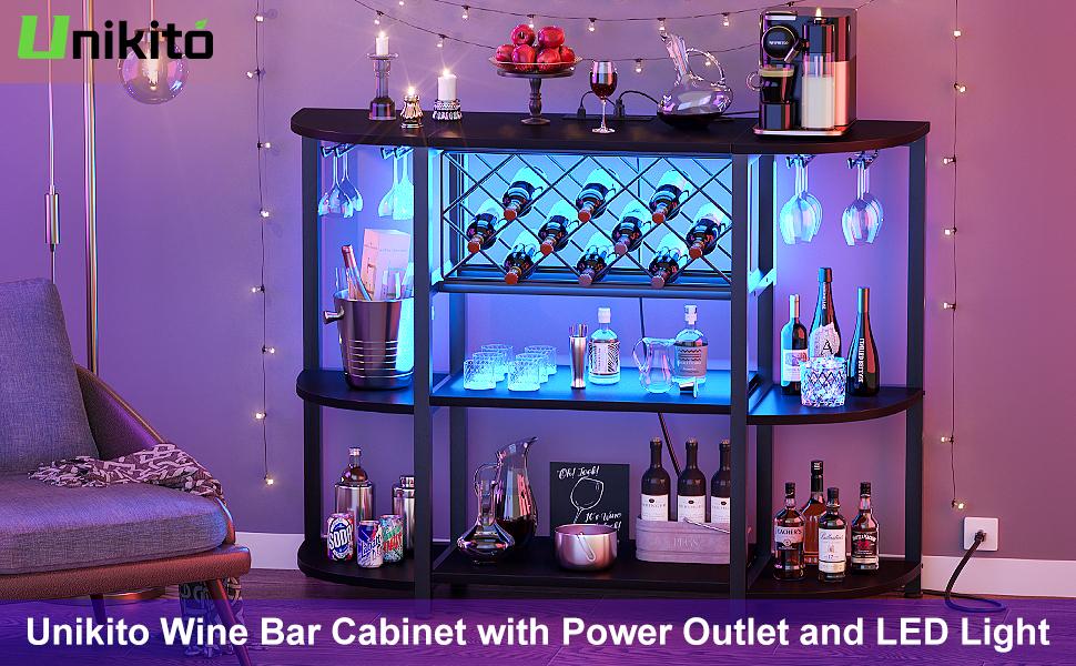 Bar Table Cabinet with Power Outlet, LED Home Bar Cabinet for Liquor, Utensils Kitchen Bottle Coffee Holder Rack Colorful Drink Black