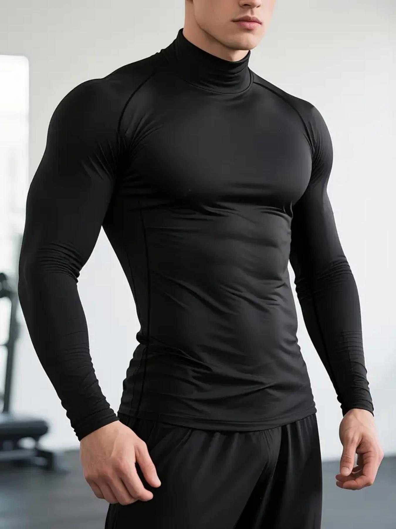 Men's Quick-Dry Stretch Fitness Shirt - High Neck Long Sleeve Workout Top, Moisture-Wicking Tight-Fit Gym & Boxing Shirt with Stretchy Fabric for All Seasons, Athletic Performance Apparel, Sporty Activewear Top, Gym Clothes, Compression Sports Top