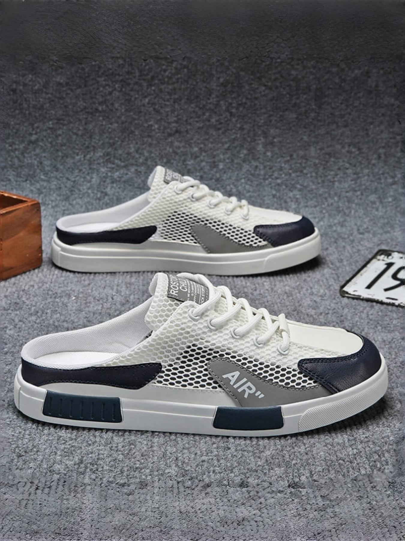 1 Pair Men's Large Size Trendy Color-Block Mule Slippers, Breathable Hollow Mesh Fabric, Anti-Slip Texture, Convenient Laces, Slip-On Casual Shoes for Students